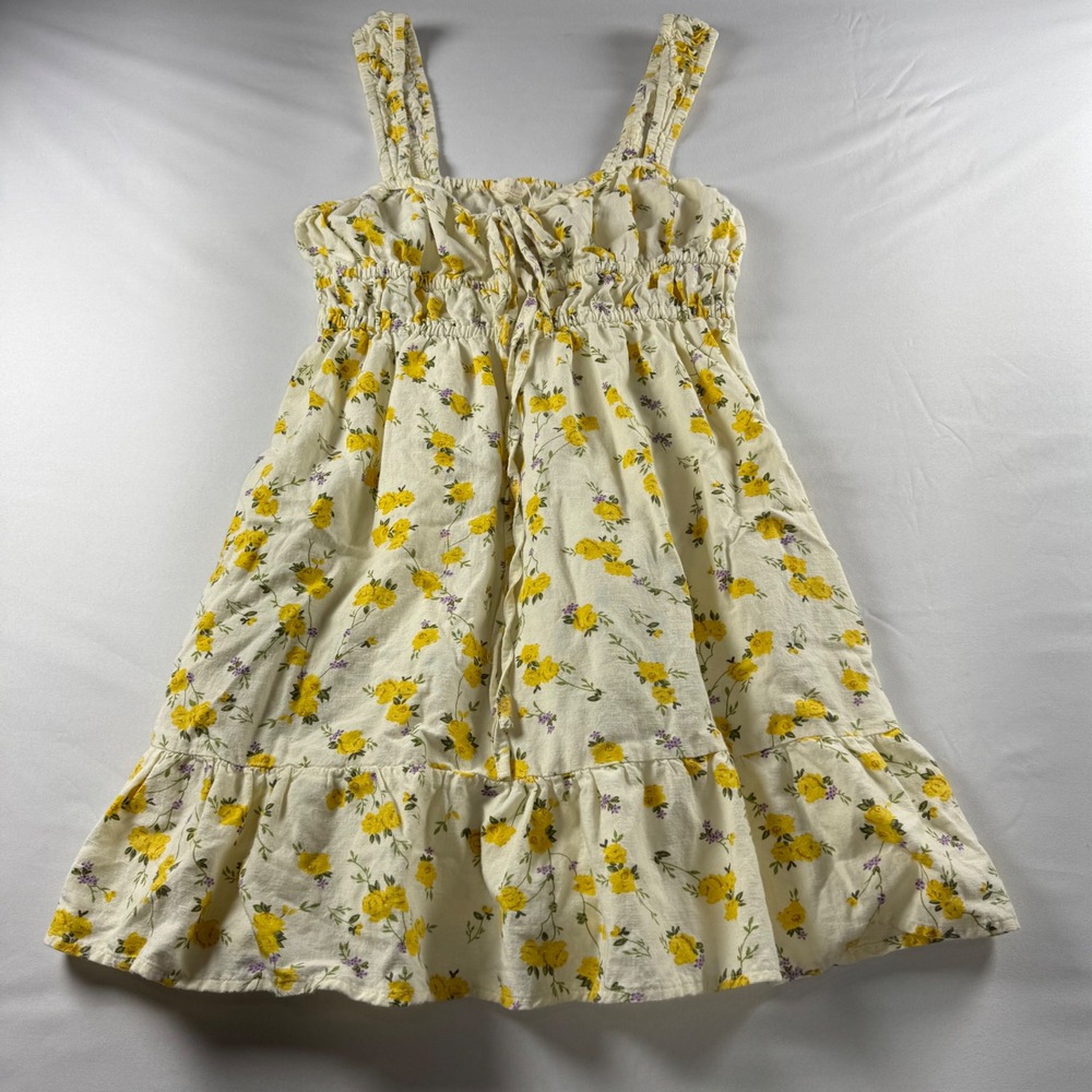 Sim & Sam Women Juniors L Linen Blend Floral Smocked Tie Front Mini Dress Yellow